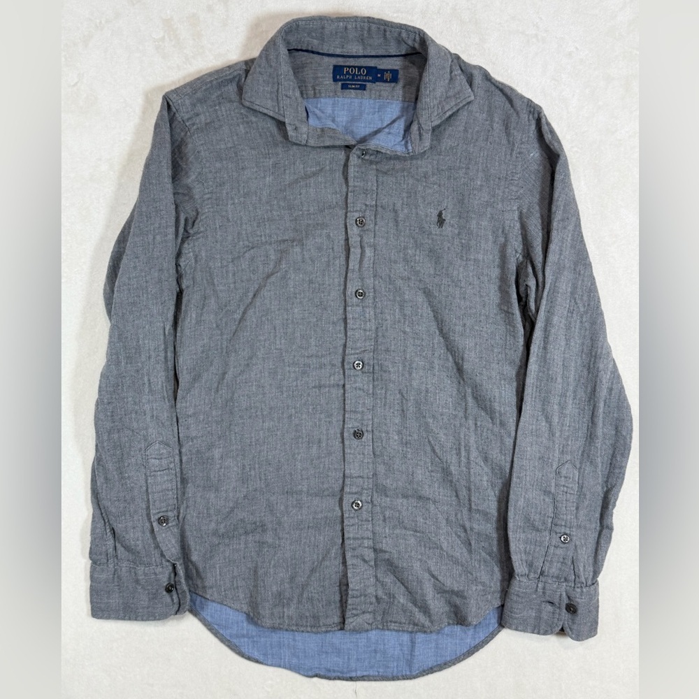 Polo Ralph Lauren Size M Slim Fit Men's Gray Herringbone Soft Cotton Shirt